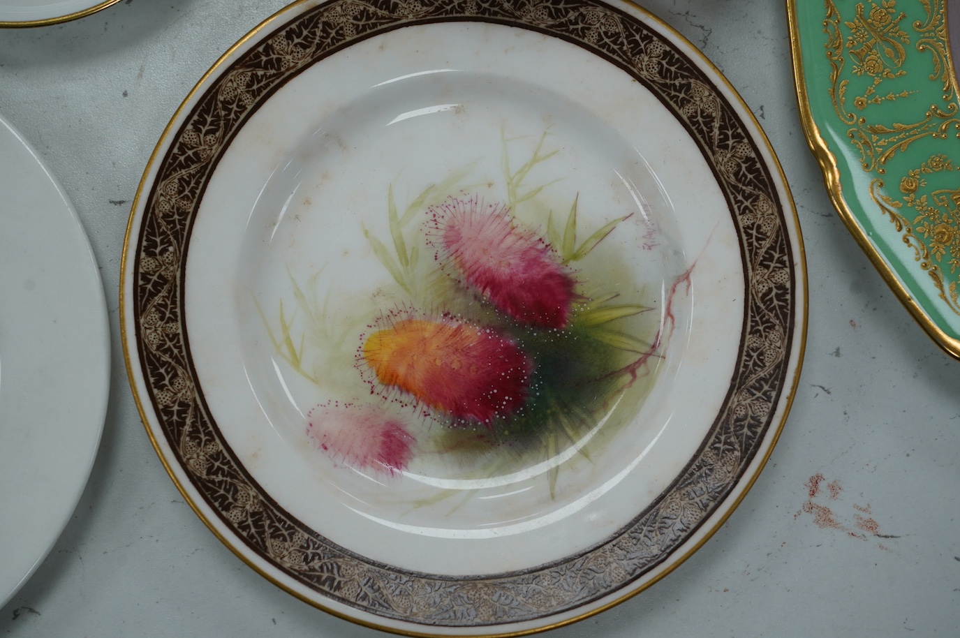 Five Worcester cabinet dishes, each signed, including Jas Stinton, largest 22cm. Condition - fair to good